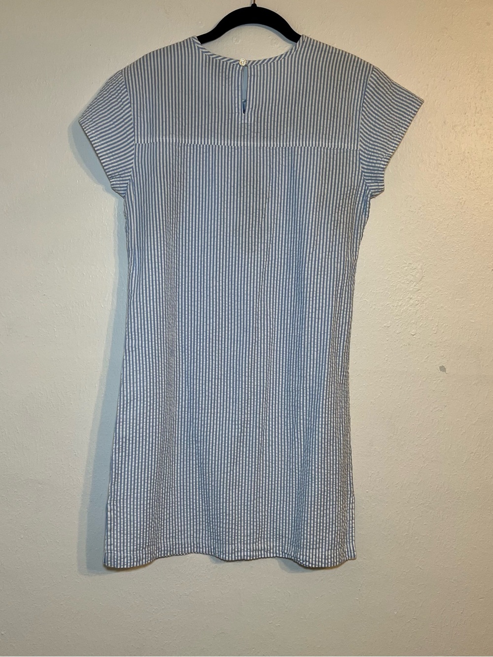 Madison Mathews Catherine Mini Dress Blue Seersucker with Navy Embroidery size S - Picture 3 of 8